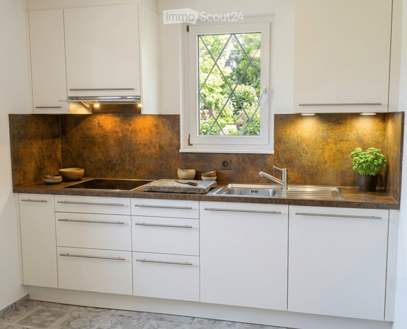 Modern kitchen with white cabinets, stainless steel sink, and a copper backsplash. Features a window with decorative glass, a countertop with a potted plant, and various kitchen items including bowls and a knife on the counter.
