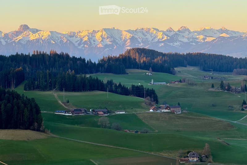 green fields, mountains, houses, trees, clear sky