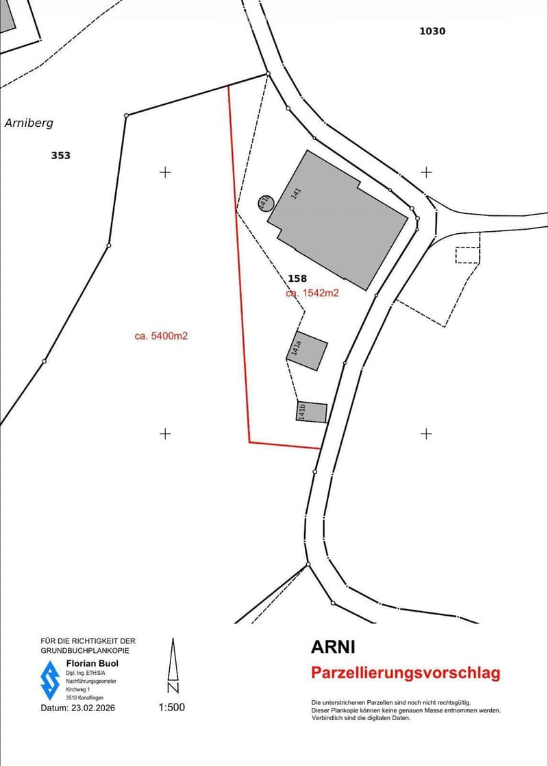 Floor plan of a property in Arni, showing parcel divisions and measurements. Includes labeled areas and boundary lines.