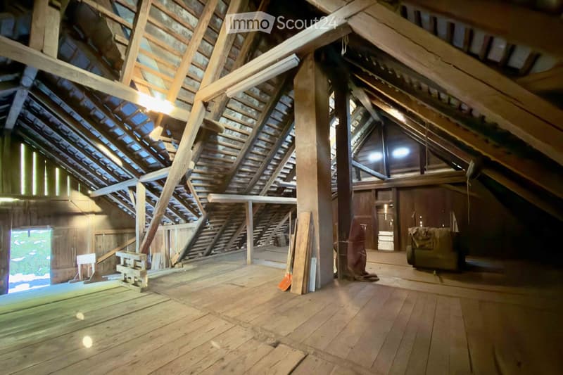 wooden floor, wooden beams, wooden walls, wooden ceiling, windows, storage items