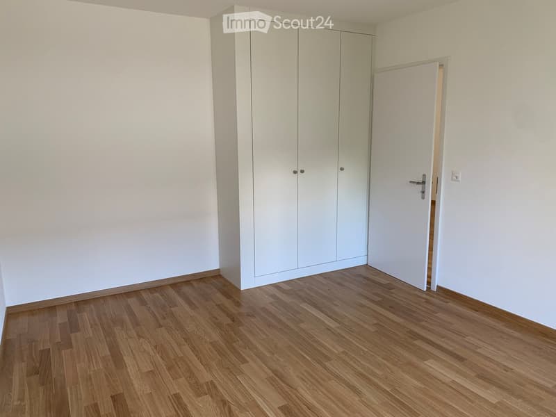 Empty room with light-colored wooden flooring, white walls, and a built-in wardrobe with mirrored doors.