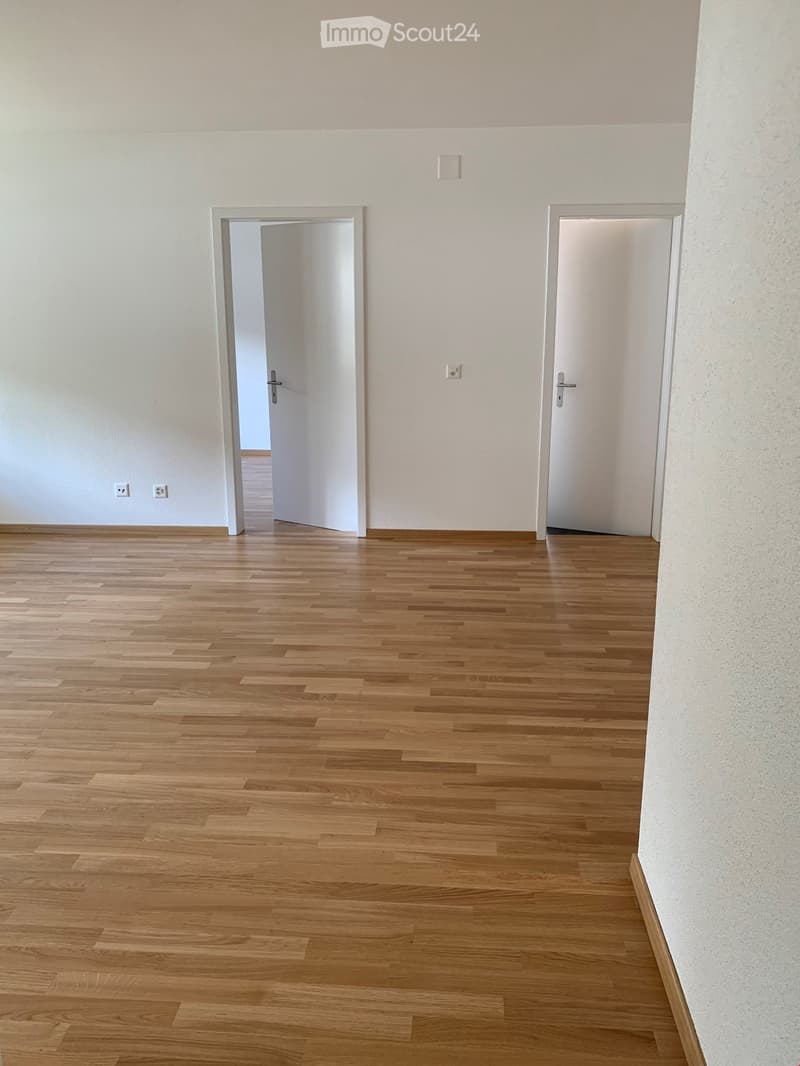 Empty room with light wooden flooring, white walls, and two closed doors.