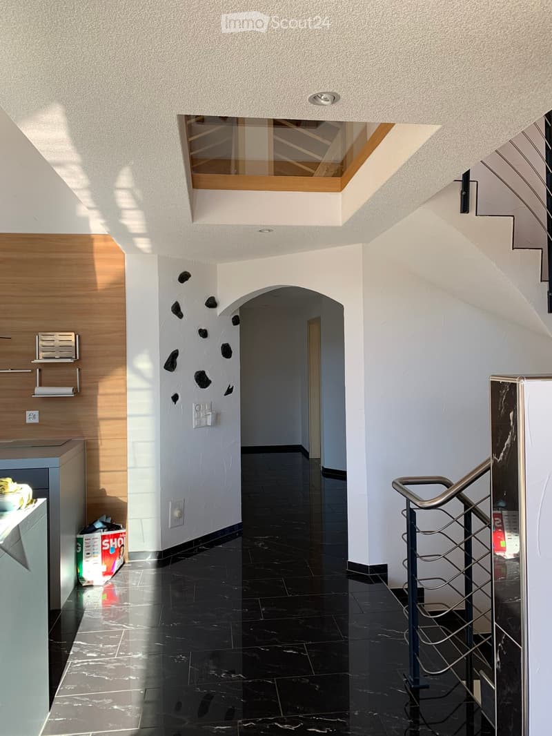Modern hallway with black tiled floor, white walls, wooden paneling, and a staircase with metal railing. Features an arched doorway and a skylight above.