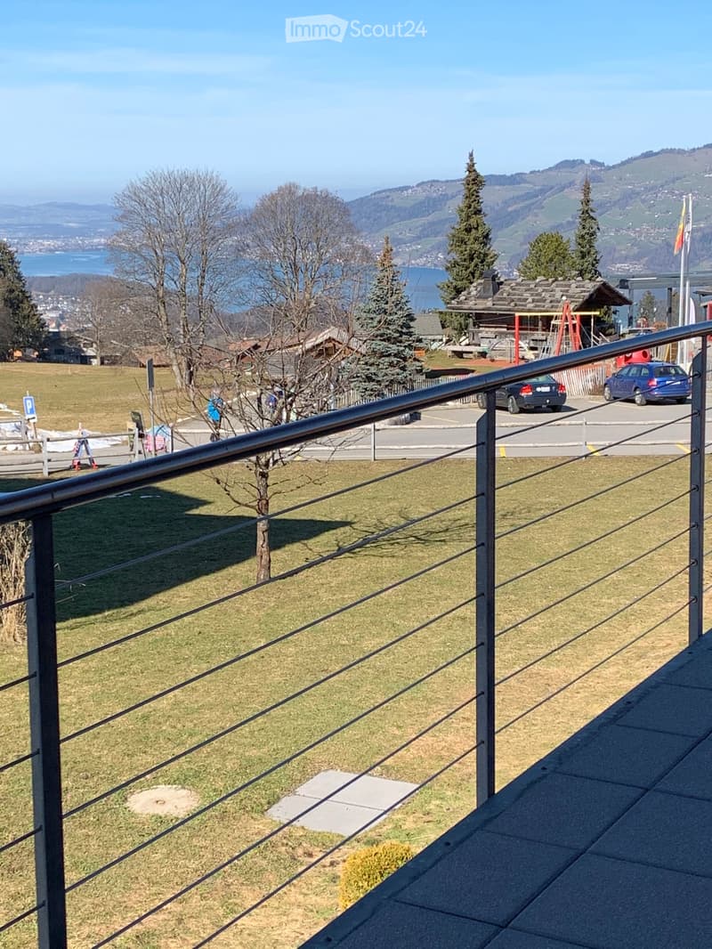 Balcony overlooking a grassy area with trees, a parking lot, and distant mountains and a lake.