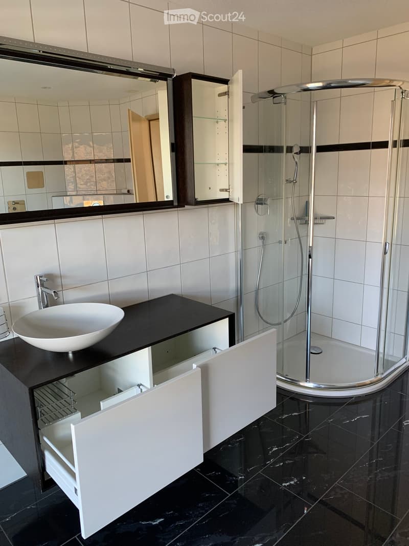 Modern bathroom with white tiles, black countertop, white sink, glass shower enclosure, and mirrored cabinet.