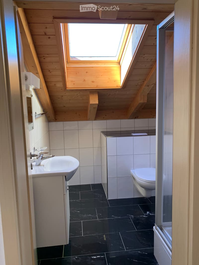 Modern bathroom with wooden ceiling, skylight window, black marble floor, white tiles, sink, faucet, toilet, and cabinet.