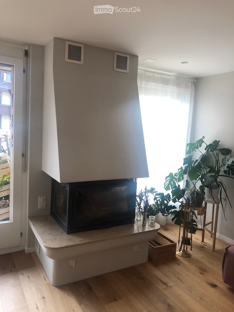 Living room with a fireplace, wooden floor, large window with white curtains, and several plants.