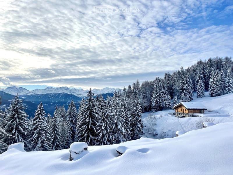 A serene snowy mountain landscape with a wooden cabin nestled among snow-covered evergreen trees, under a partly cloudy sky.