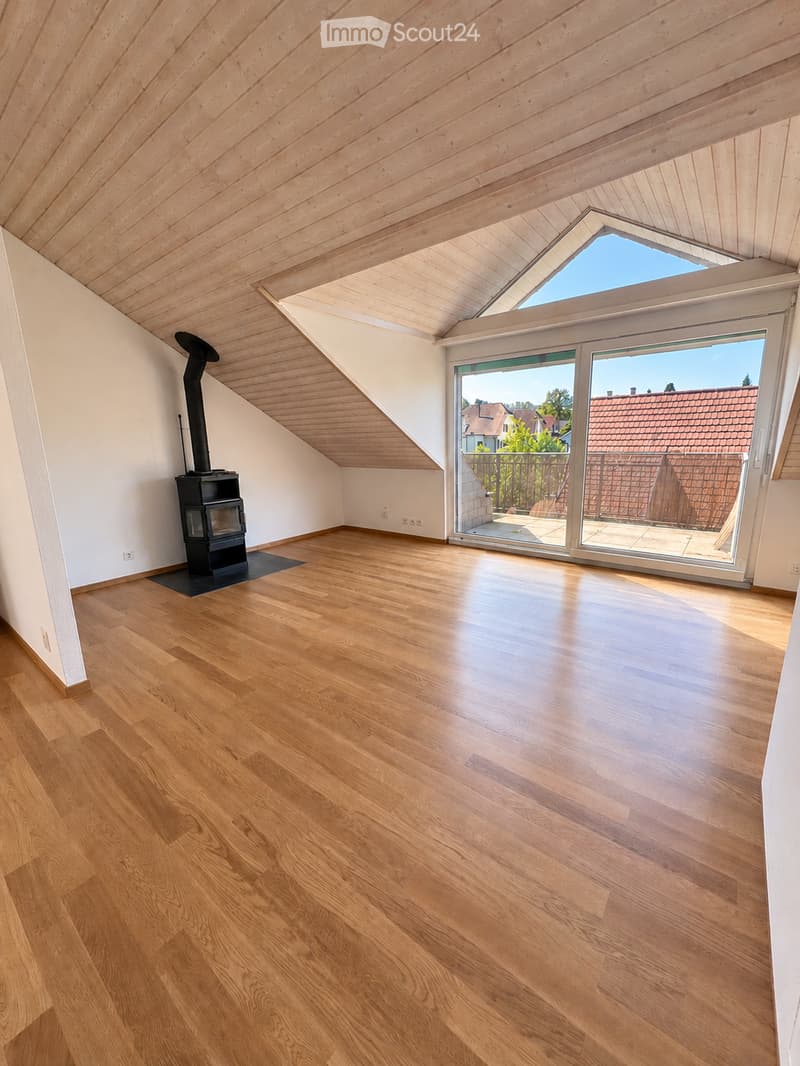 Empty attic room with wooden flooring, white walls, and a skylight window. Features a black wood-burning stove with a chimney pipe and a large sliding glass door leading to a balcony.