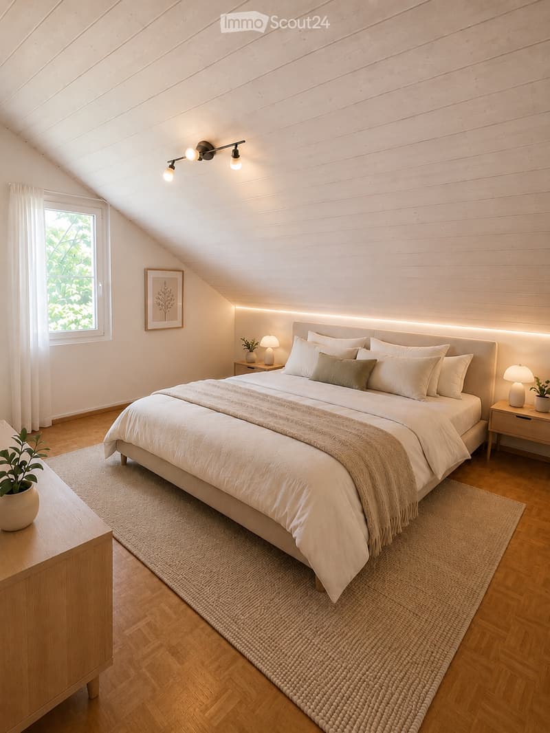 Cozy attic bedroom with wooden walls and ceiling, large bed with white bedding, nightstands with lamps, and a potted plant on a side table.