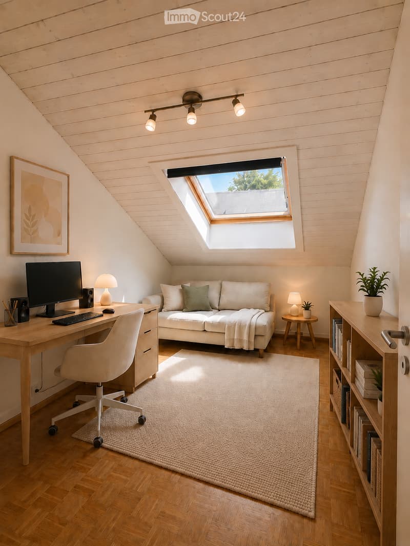 A cozy attic room with wooden floors, a skylight window, a white sofa, a wooden desk with a laptop, a bookshelf, and a small plant. The room features warm lighting and a textured rug.