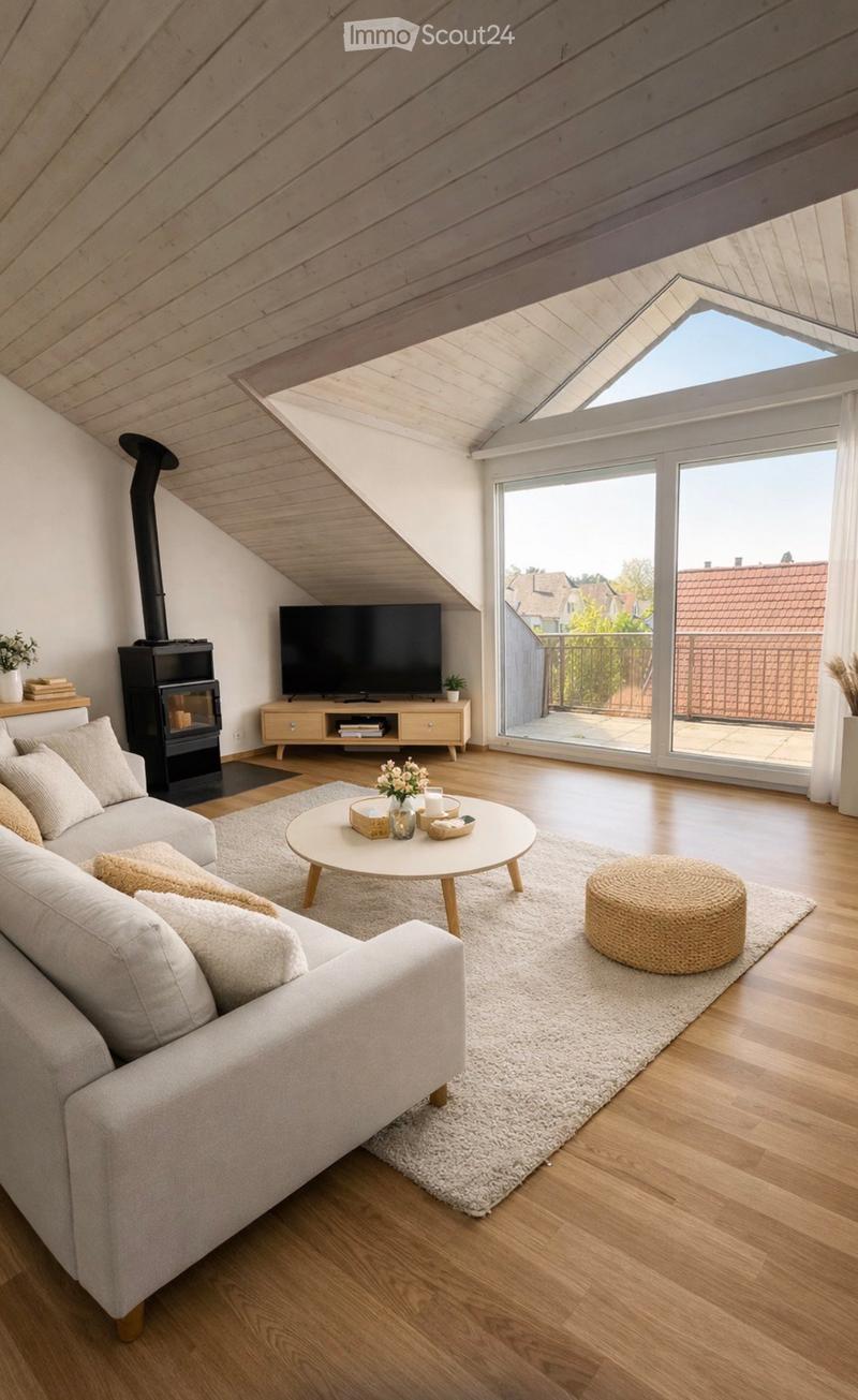 Modern living room with wooden floors, slanted wooden ceiling, large windows, balcony access, sofa, coffee table, television, fireplace, and decorative items.