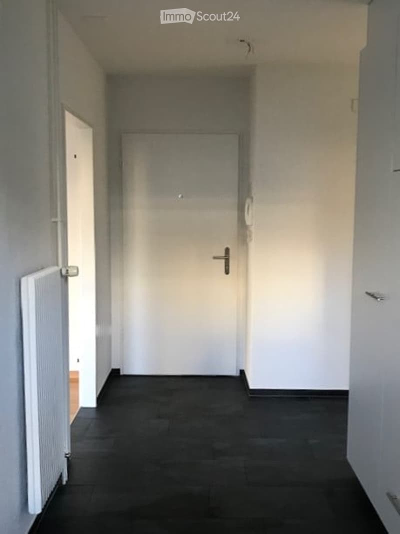 A narrow hallway with white walls, a closed white door, and dark tiled flooring.
