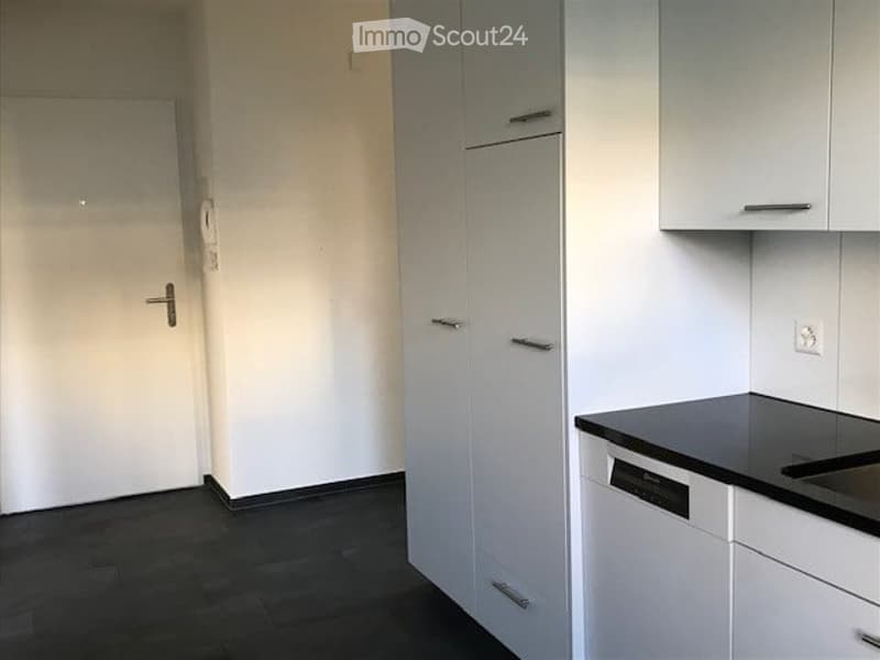 Modern kitchen with white cabinets, black countertop, and a dishwasher.