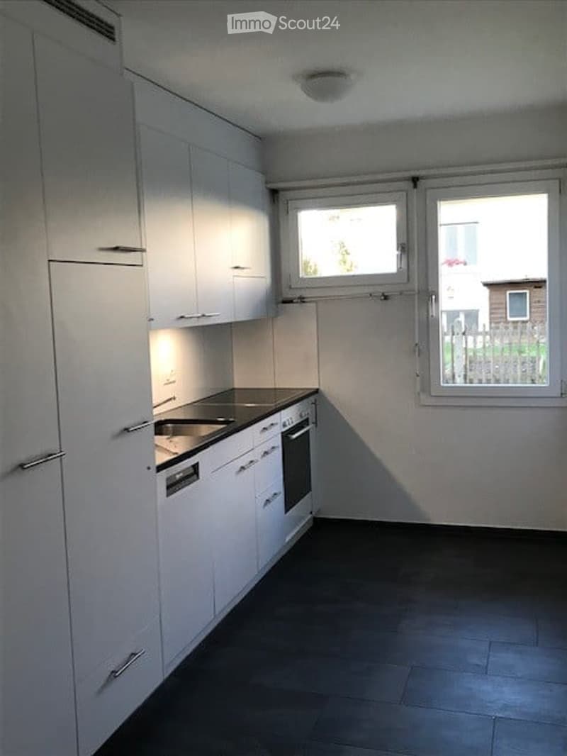 Modern kitchen with white cabinets, stainless steel sink, oven, and dishwasher. Large windows provide natural light.