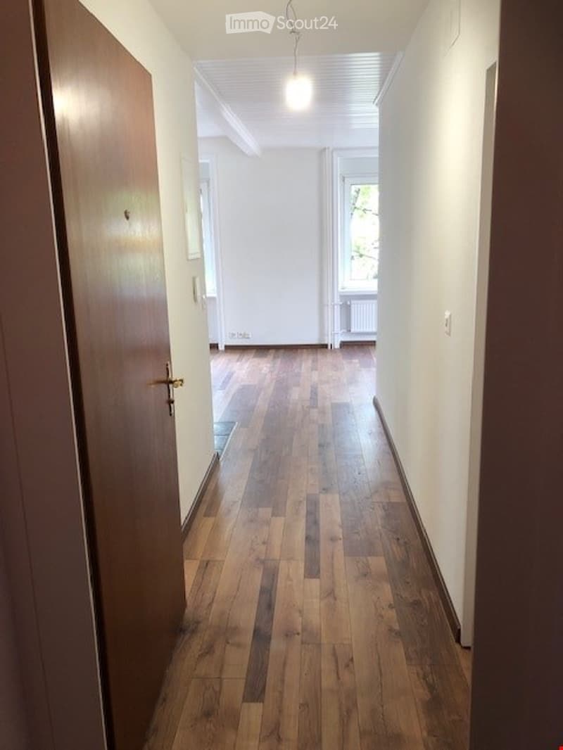 Empty hallway with wooden flooring, white walls, and a single hanging light fixture. A door is visible on the left, and a window at the end of the hallway allows natural light to enter.