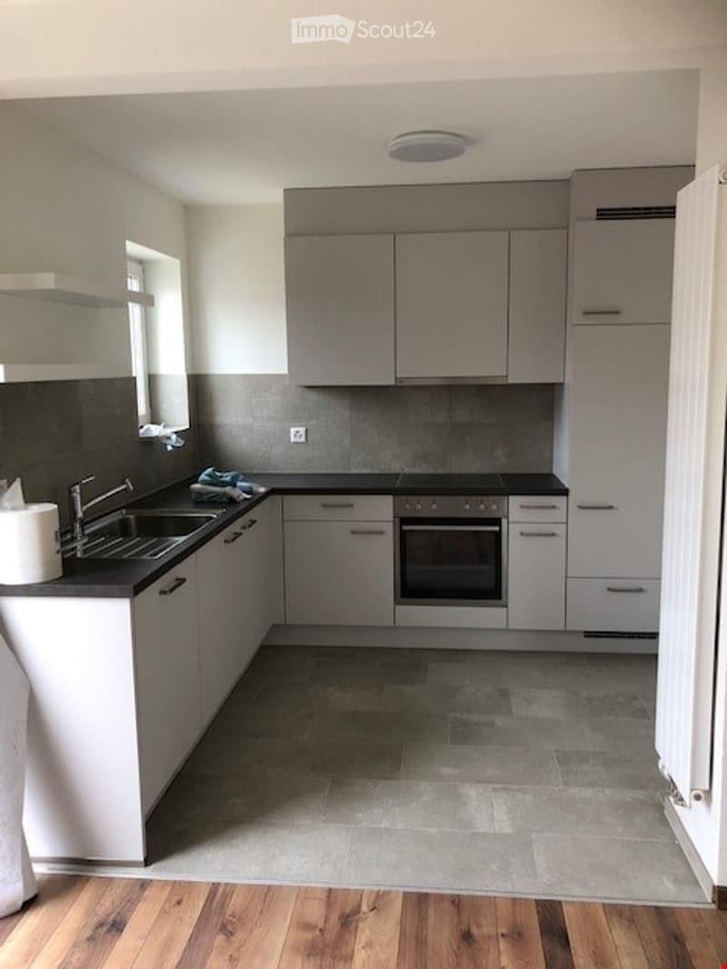 Modern kitchen with grey cabinets, black countertops, a sink, and an oven. Wooden flooring and a window provide natural light.