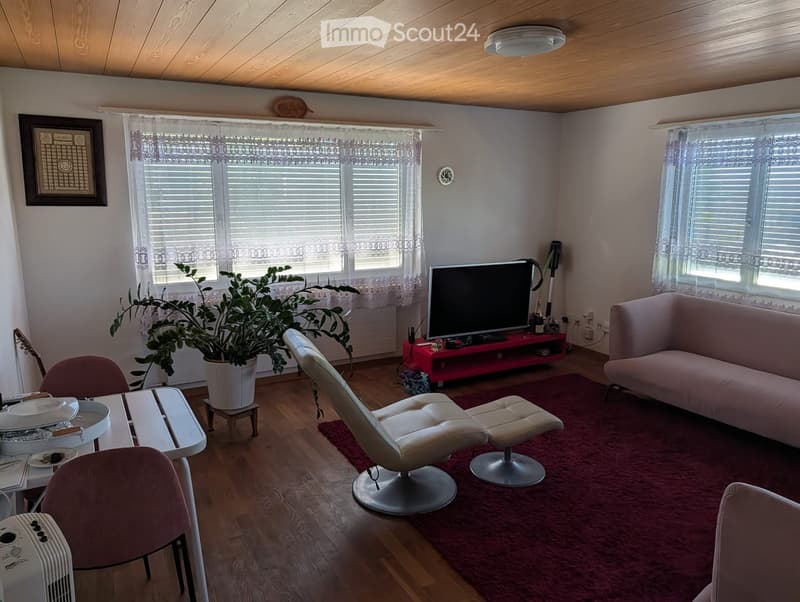 Living room with wooden flooring, a red TV stand, a white leather chair, a pink sofa, a dining table with chairs, and a large potted plant near the window.