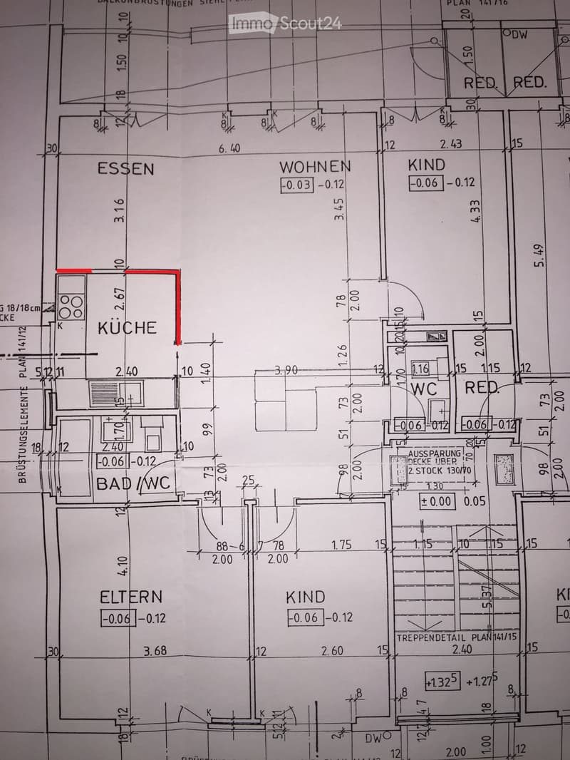 Floor plan showing rooms labeled in German: kitchen, living room, children's room, parents' room, bathroom/WC, and storage area.