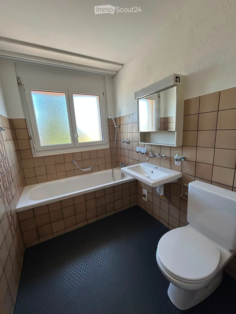 Bathroom with a bathtub, sink, toilet, mirror, and a window with frosted glass. The walls are tiled in beige, and the floor is covered with dark blue carpeting.