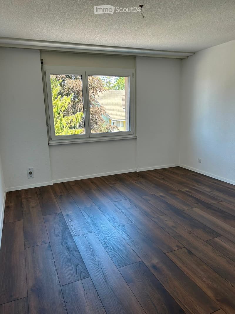 Empty room with wooden flooring, white walls, and a large window with a view of greenery and a neighboring house.