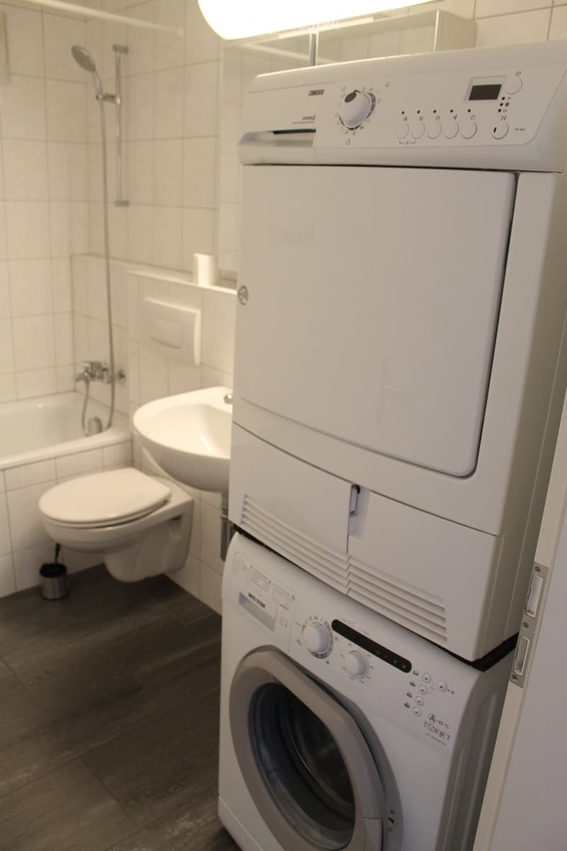 Modern bathroom with a toilet, bathtub, sink, and stacked washing machine and dishwasher.