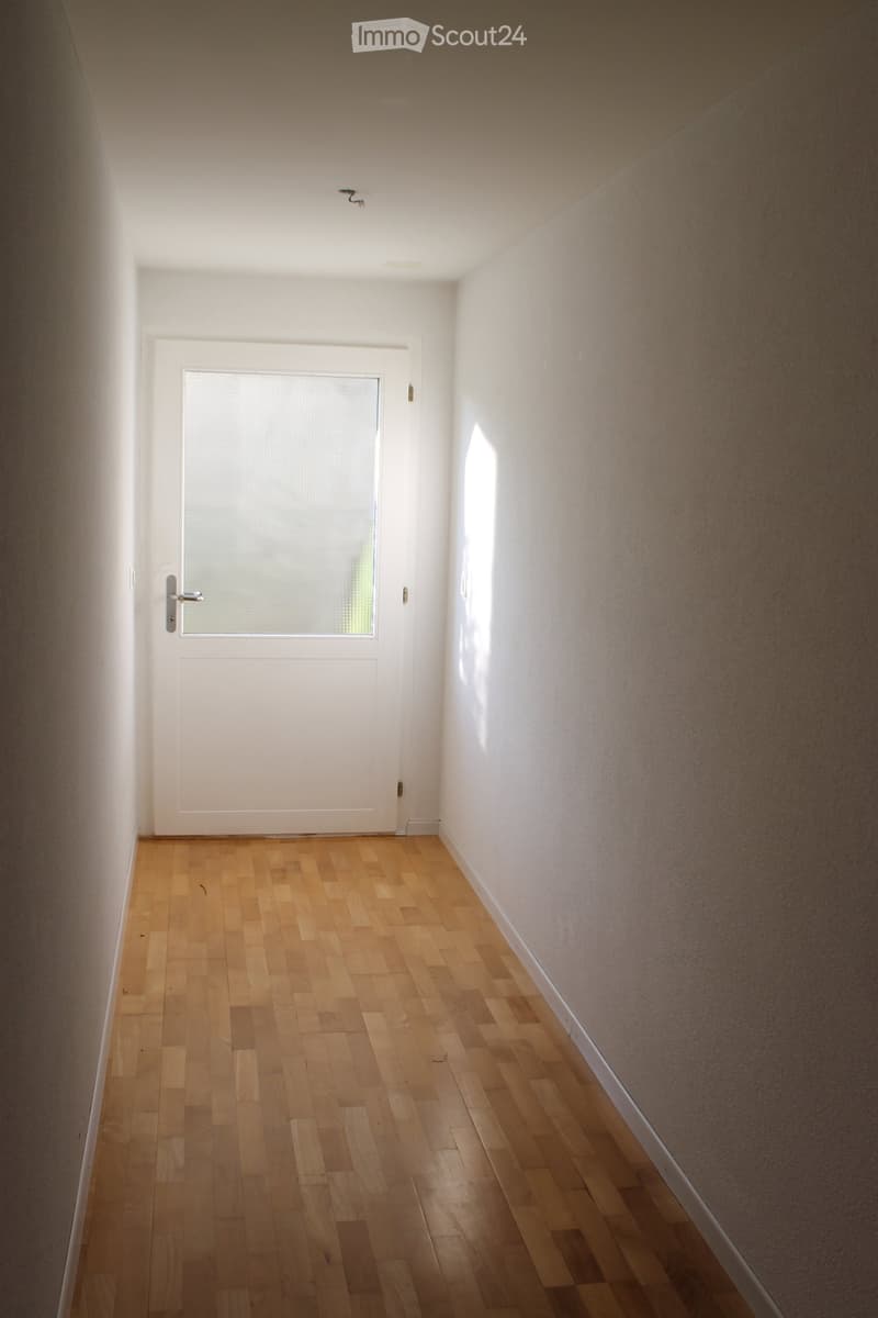 Empty hallway with wooden flooring and white walls, featuring a white door with a frosted glass panel at the end.