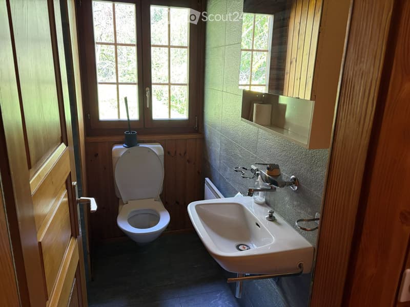 Bathroom with a toilet, sink, and mirror. The walls are tiled, and there is a window with wooden frames. A toilet paper holder is visible on the mirror.