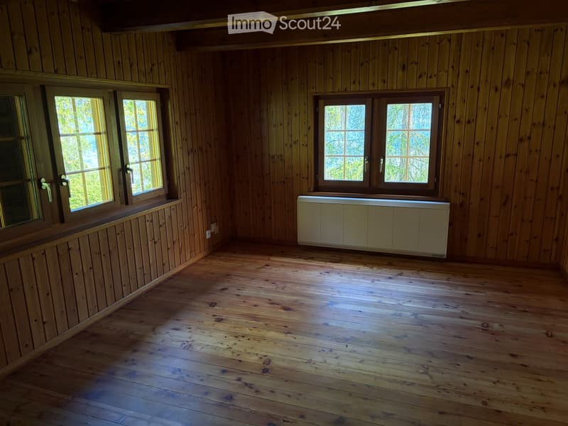 Empty room with wooden walls and floor, two windows, and a radiator under one window.