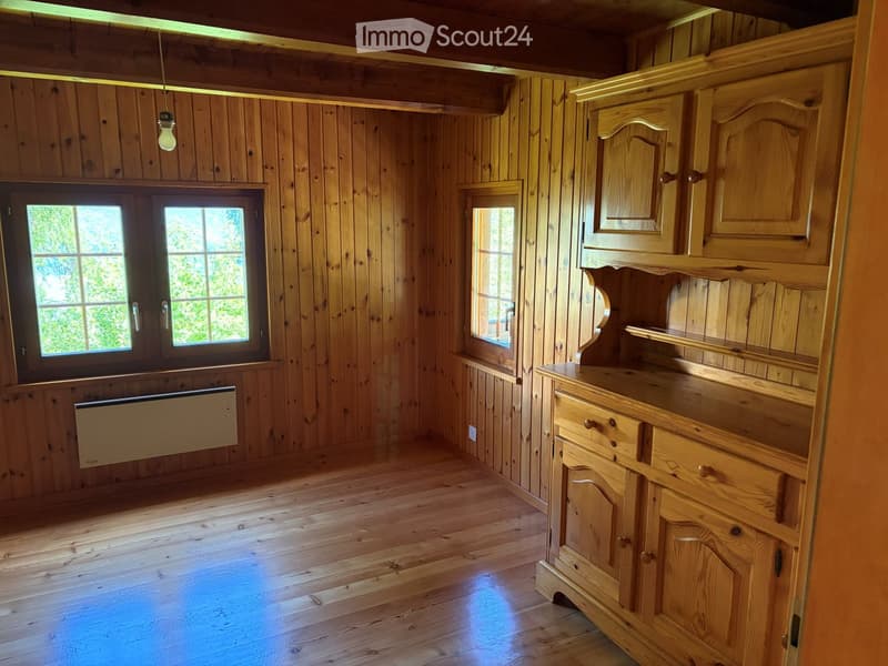 Empty room with wooden walls and floor, featuring built-in wooden cabinetry, windows, and a radiator.