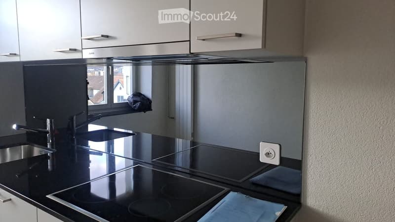 Modern kitchen with black induction cooktop, stainless steel sink, sleek cabinets, and a reflective backsplash.