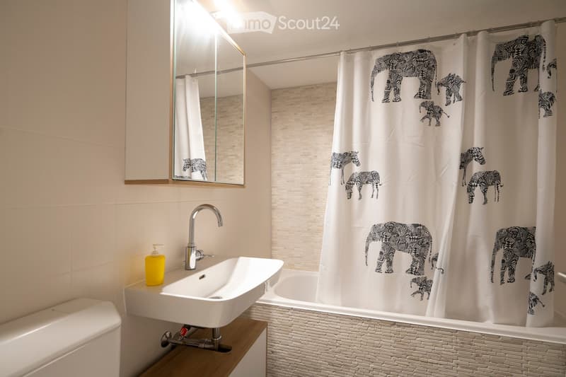 Modern bathroom with a white sink, chrome faucet, mirror, bathtub with elephant-patterned shower curtain, and a toilet.