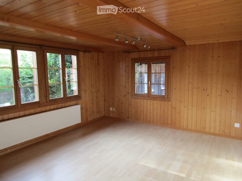 Empty room with wooden walls, wooden ceiling, large windows, and a radiator on one wall.