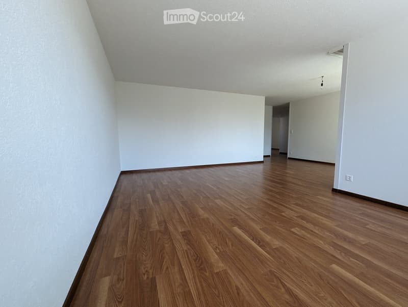 Empty room with light-colored walls and wooden flooring, featuring a visible doorway leading to another space.