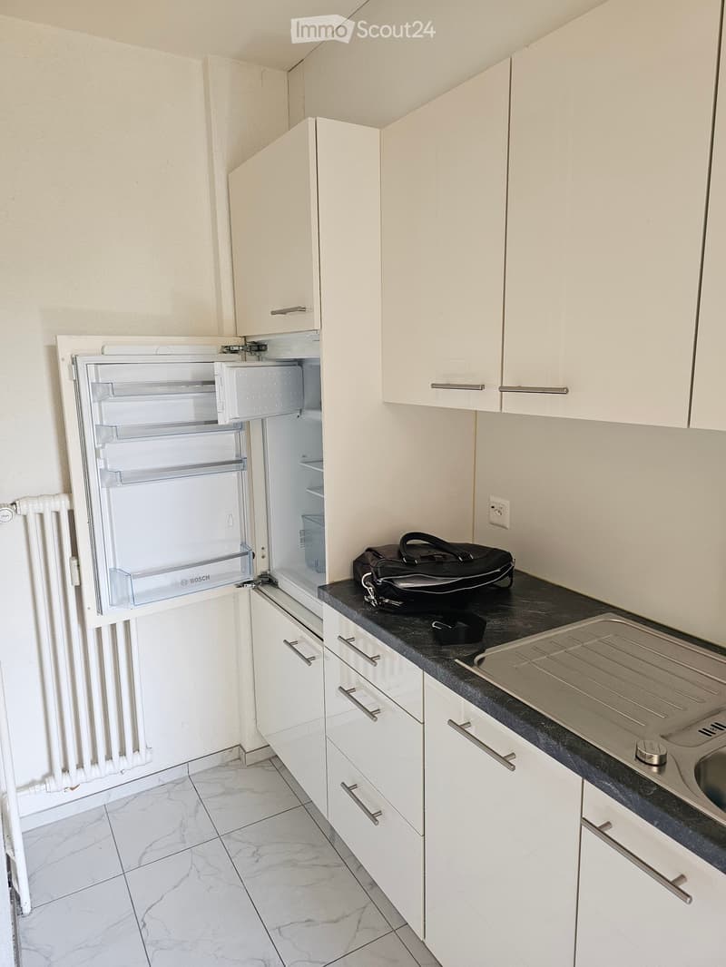 Modern kitchen with white cabinets, marble flooring, a Bosch refrigerator, a sink, and a radiator. A backpack is placed on the countertop.
