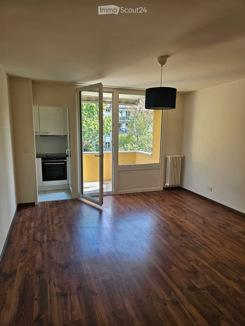 Empty room with wooden flooring, large window with open sliding doors leading to a balcony, visible radiator, and a hanging lamp.