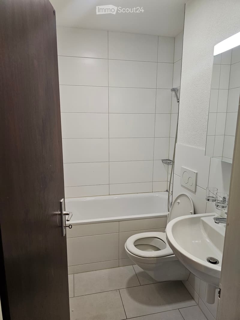 Modern bathroom with white tiles, a toilet, a sink, a bathtub, and a mirror. The door is slightly open, revealing the interior.