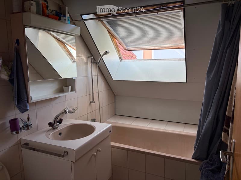 Bathroom with a sink, bathtub, mirror, and showerhead. The room features skylights and a towel hanging on the side.