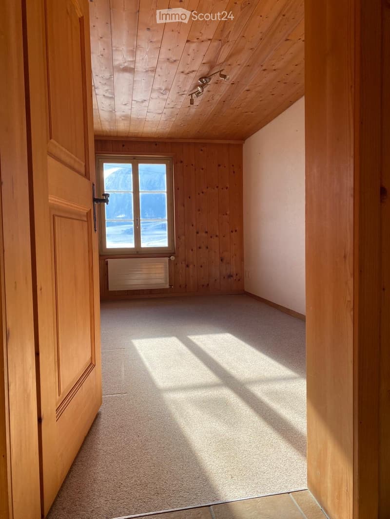 Empty room with wooden walls, carpeted floor, and a window showing a mountain view. No furniture or equipment present.