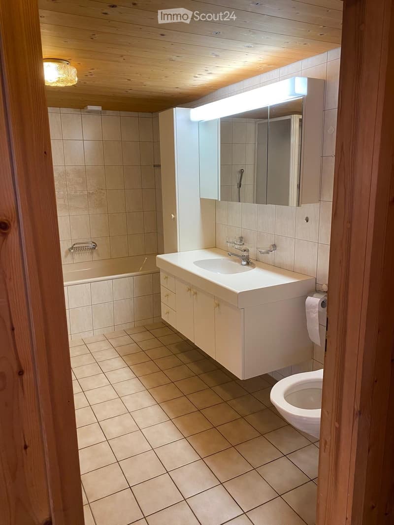 Modern bathroom with beige tiles, a large sink with a mirror, a toilet, and a bathtub. Wooden ceiling and warm lighting.