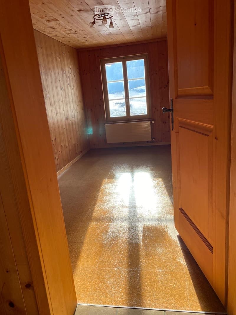 Wooden-walled hallway with polished floor, large window at end, radiator, and wooden door visible.