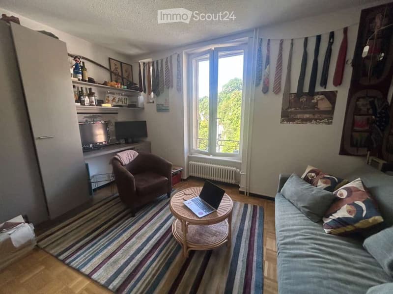 A cozy living room with a sofa, a laptop on a small round table, a chair, a screen, a cupboard, and a shelf with various items.