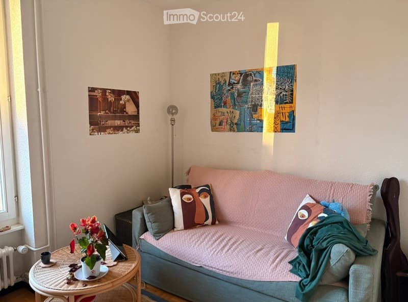 A cozy living room with a pink sofa, decorative pillows, a small round table with a flower pot, and artwork on the walls.