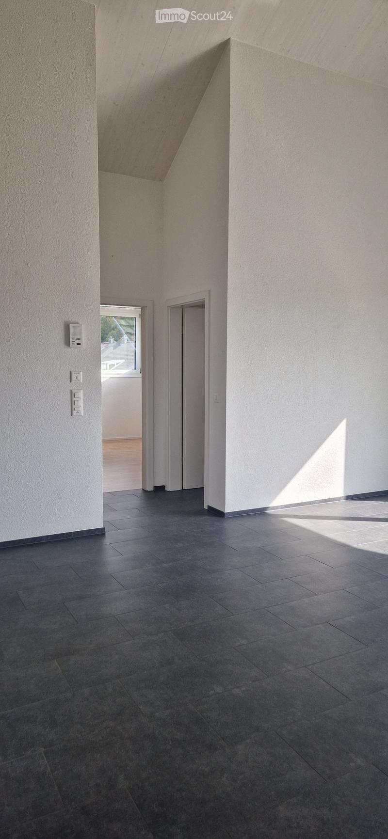 Modern, minimalist hallway with dark tiled flooring, white walls, and a slanted ceiling. Features a small window and an open doorway leading to another room.