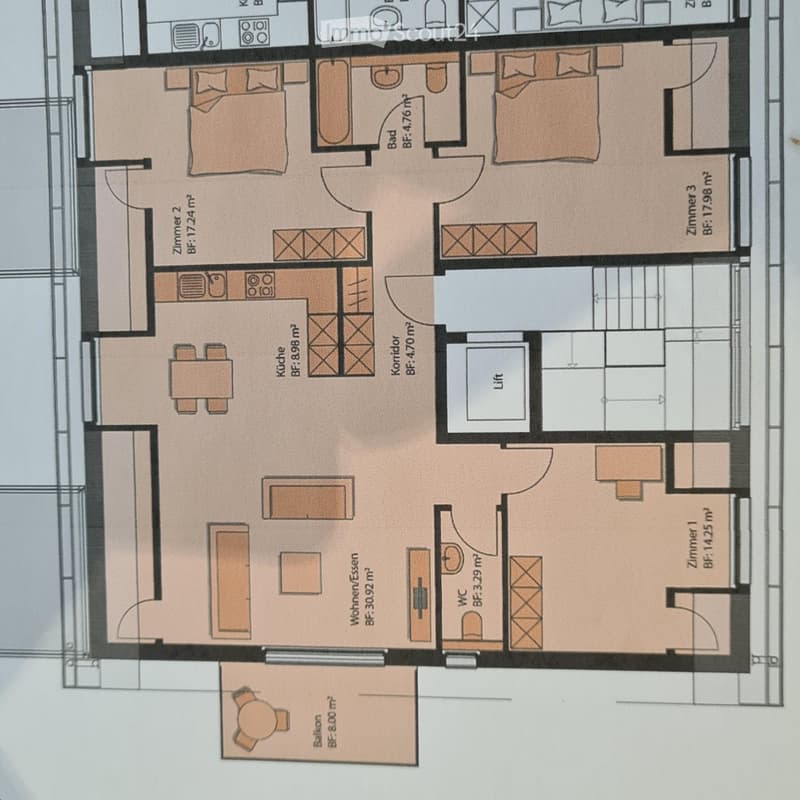 Floor plan of a residential unit with living area, kitchen, three bedrooms, bathroom, hallway, and balcony.