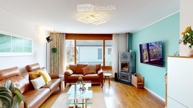 Modern living room with two leather sofas, a glass coffee table, a fireplace, a TV, and decorative plants.