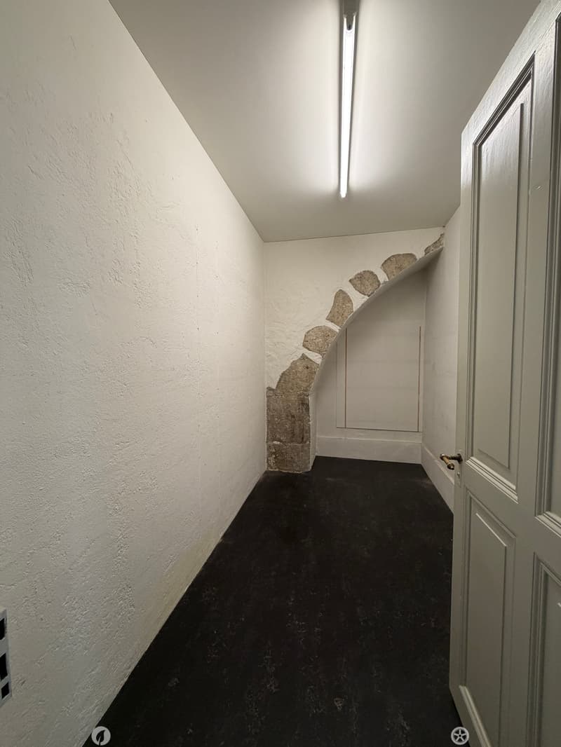 Narrow hallway with white walls, black carpet, and a partially visible door at the end.