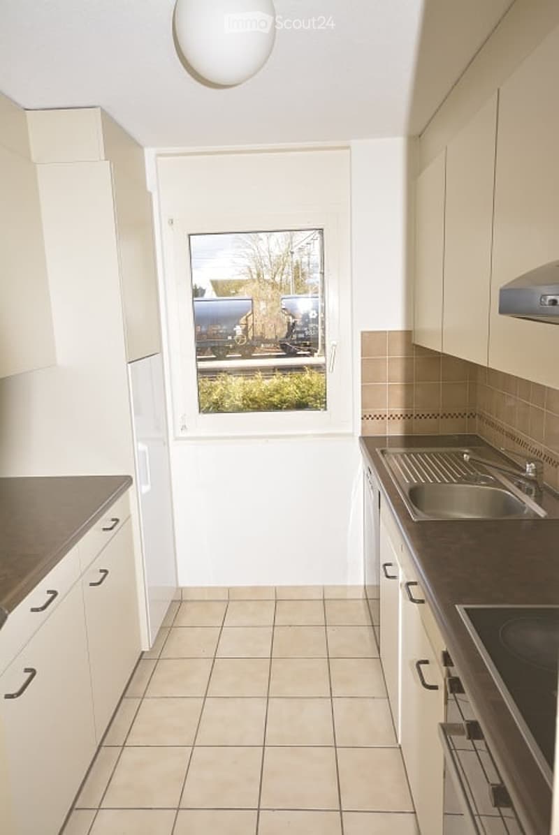 Modern kitchen with white cabinets, stainless steel sink, and countertop. Features a window with a view of the outside.