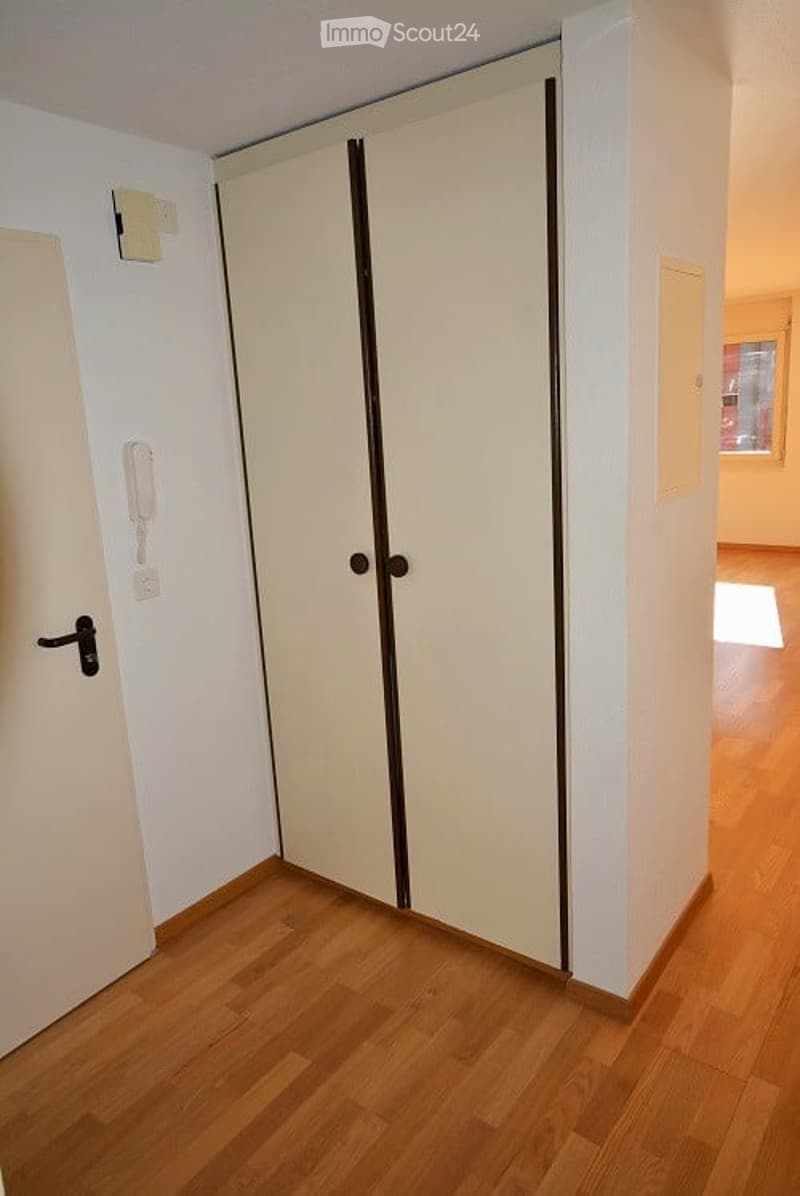 A narrow hallway with wooden flooring and white walls, featuring a closed double door and a light switch on the wall.
