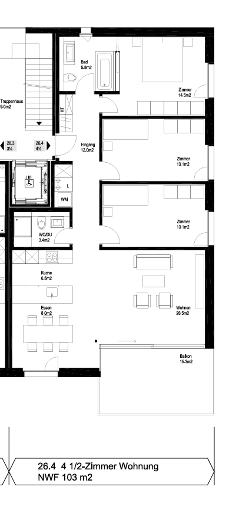 Floor plan of a 4.5-room apartment with labeled rooms including living room, kitchen, dining area, bedrooms, bathrooms, and balcony.